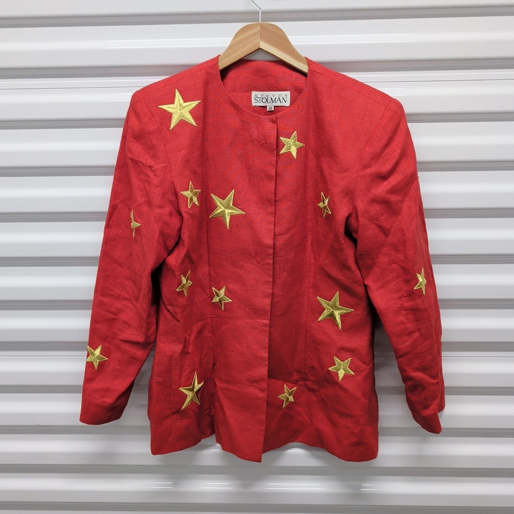 Steven Stolman Size 12 Women Red Linen Blazer Gold Embroidered Stars Vintage USA — photo 2